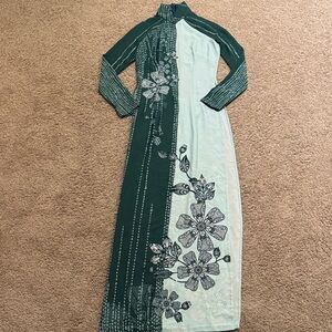 Elegant Floral Green and White Ao Dai